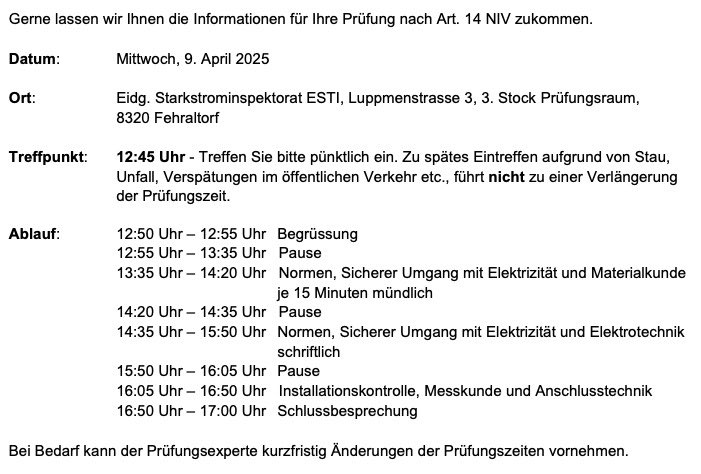 Ablaufplan ESTI Prüfung - mündlich, schriftlich und praktisch