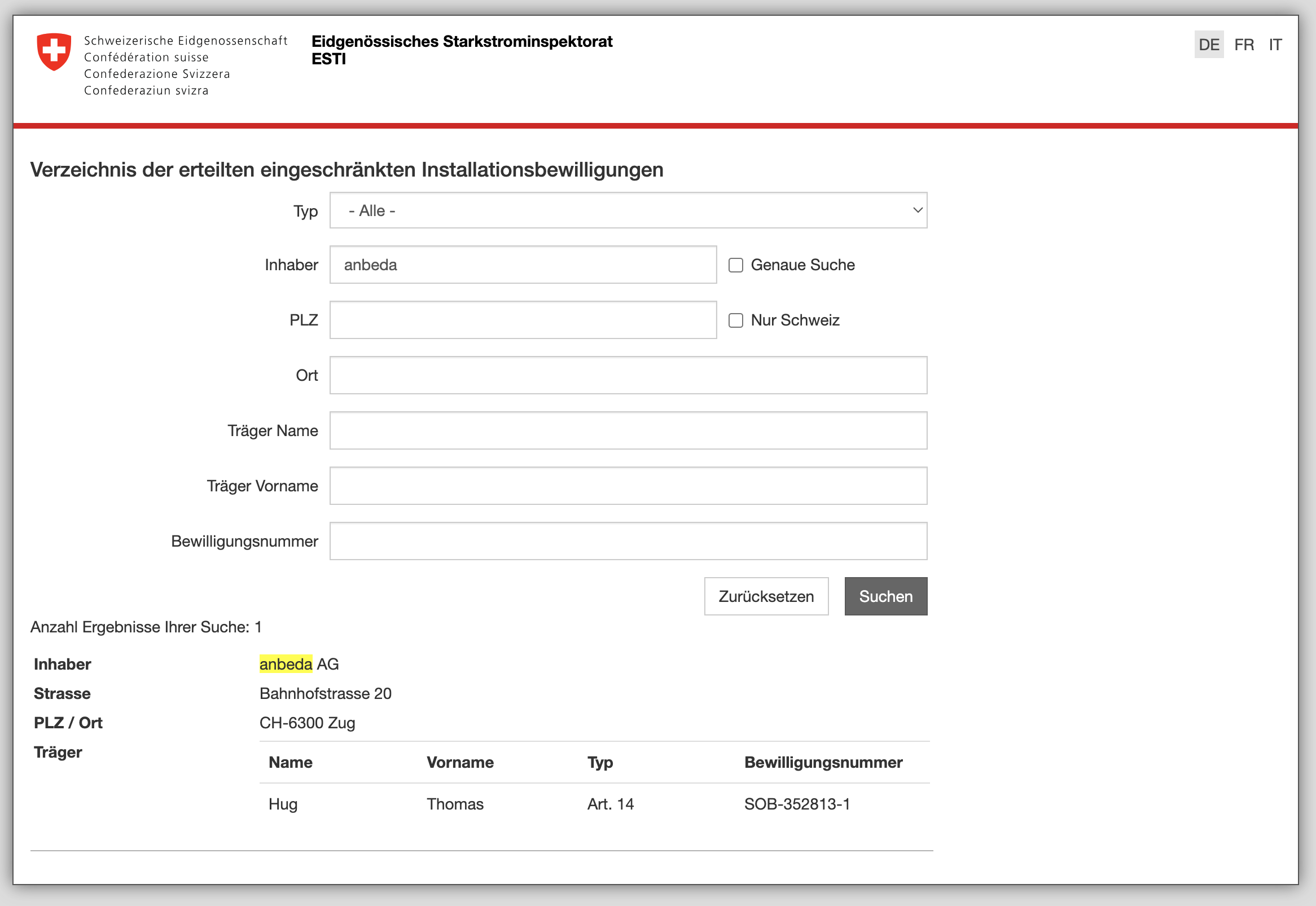 ESTI Verzeichnis von Bewilligungen in der Schweiz